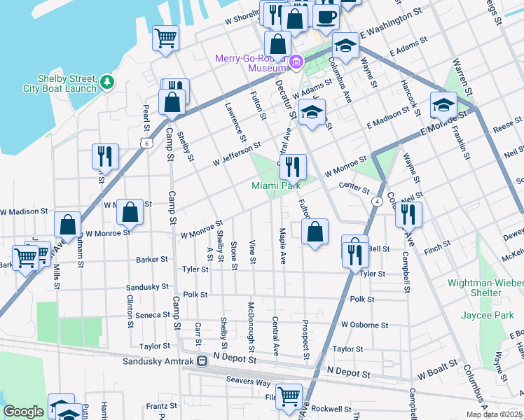 map of restaurants, bars, coffee shops, grocery stores, and more near 910 West Monroe Street in Sandusky