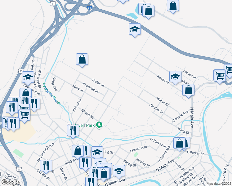 map of restaurants, bars, coffee shops, grocery stores, and more near Rockwell Avenue in Scranton