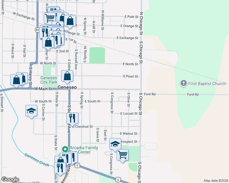 map of restaurants, bars, coffee shops, grocery stores, and more near 519 East Main Street in Geneseo