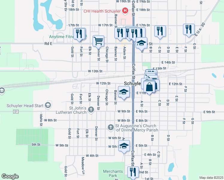 map of restaurants, bars, coffee shops, grocery stores, and more near 1151-1199 Chicago Street in Schuyler