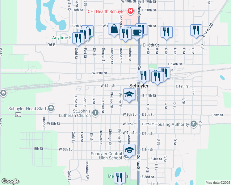 map of restaurants, bars, coffee shops, grocery stores, and more near 1151-1199 Chicago Street in Schuyler