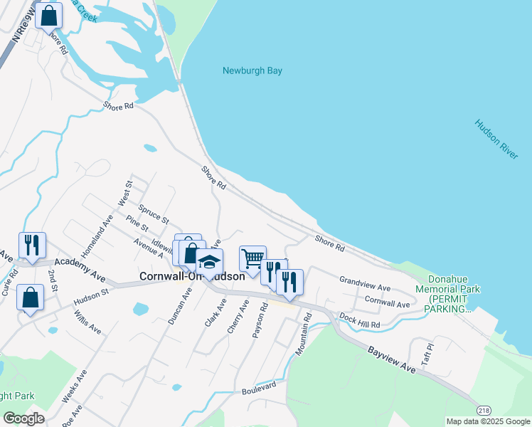 map of restaurants, bars, coffee shops, grocery stores, and more near Shore Road in CORNWALL HDSN