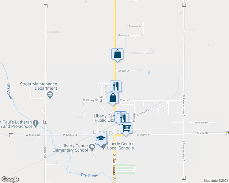 map of restaurants, bars, coffee shops, grocery stores, and more near Highway 109 in Liberty Center