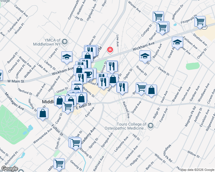 map of restaurants, bars, coffee shops, grocery stores, and more near 39-47 Railroad Avenue in Middletown