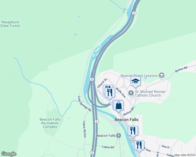 map of restaurants, bars, coffee shops, grocery stores, and more near 21 Beacon Street in Beacon Falls
