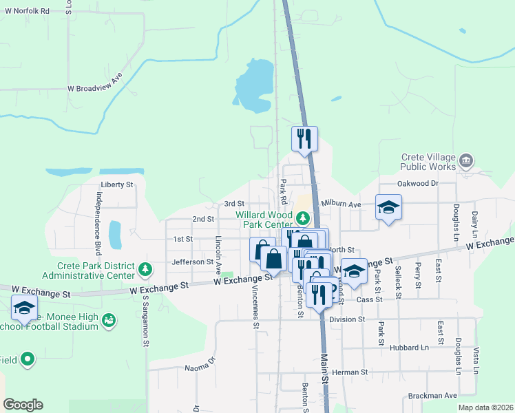 map of restaurants, bars, coffee shops, grocery stores, and more near 1232 Lumber Street in Crete