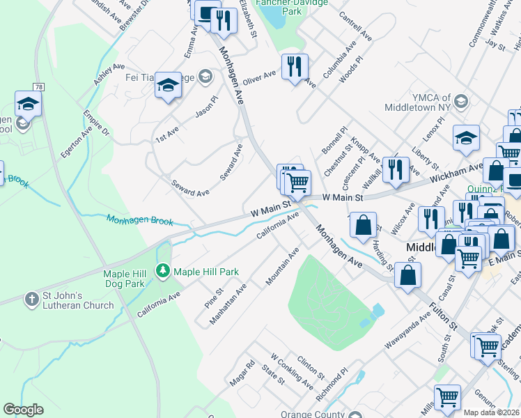 map of restaurants, bars, coffee shops, grocery stores, and more near 193 West Main Street in Middletown