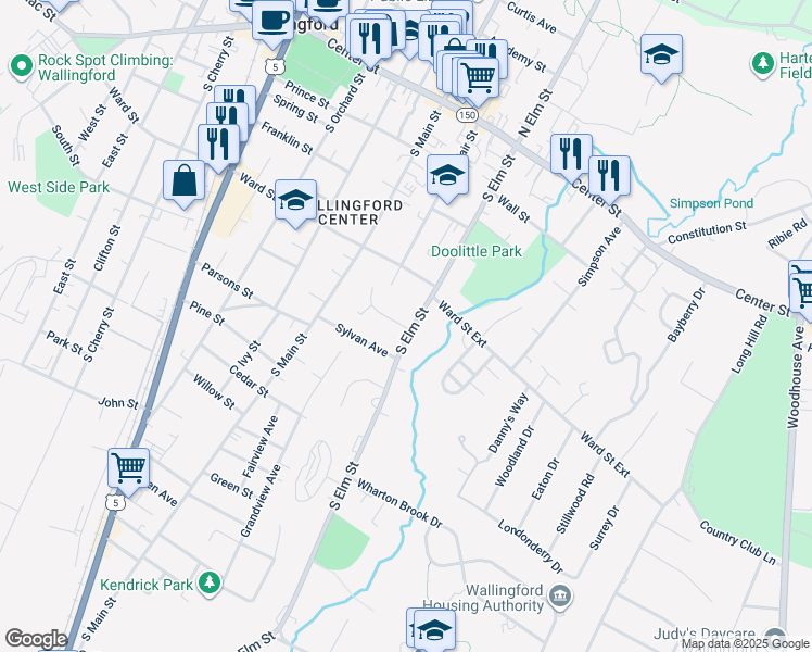 map of restaurants, bars, coffee shops, grocery stores, and more near 192 South Elm Street in Wallingford
