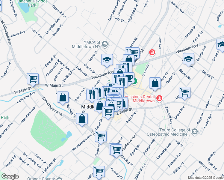 map of restaurants, bars, coffee shops, grocery stores, and more near 1 Linden Avenue in Middletown