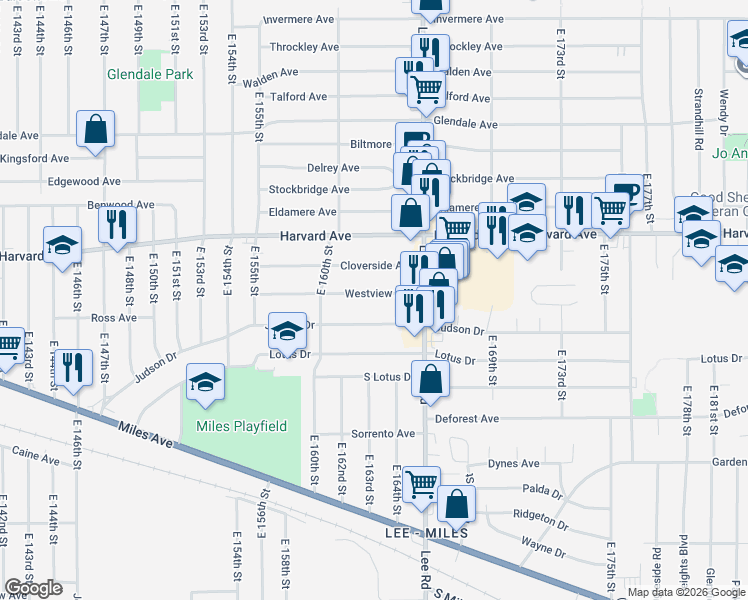 map of restaurants, bars, coffee shops, grocery stores, and more near 16215 Westview Avenue in Cleveland
