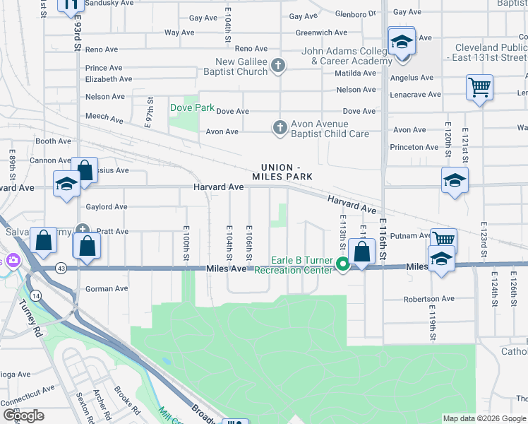 map of restaurants, bars, coffee shops, grocery stores, and more near 4083 East 106th Street in Cleveland
