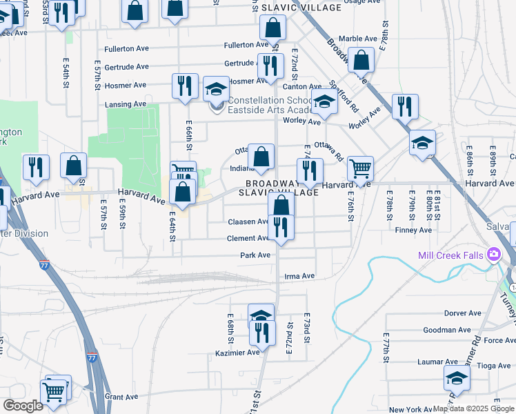 map of restaurants, bars, coffee shops, grocery stores, and more near 6900 Harvard Avenue in Cleveland