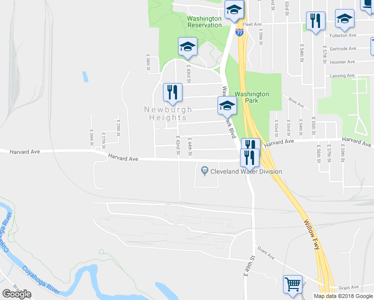 map of restaurants, bars, coffee shops, grocery stores, and more near 4055 East 44th Street in Newburgh Heights