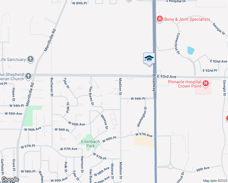 map of restaurants, bars, coffee shops, grocery stores, and more near 9366 Monroe Court in Crown Point