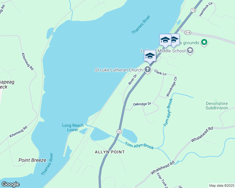 map of restaurants, bars, coffee shops, grocery stores, and more near 13 River Drive in Ledyard