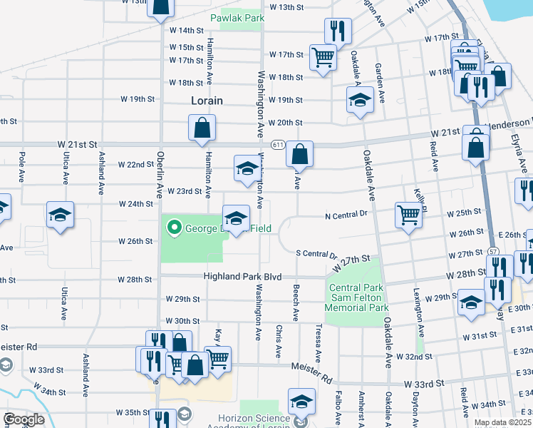 map of restaurants, bars, coffee shops, grocery stores, and more near 2331 Washington Avenue in Lorain