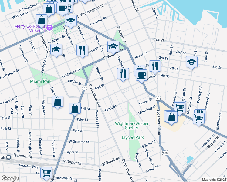 map of restaurants, bars, coffee shops, grocery stores, and more near 217a Scott Street in Sandusky