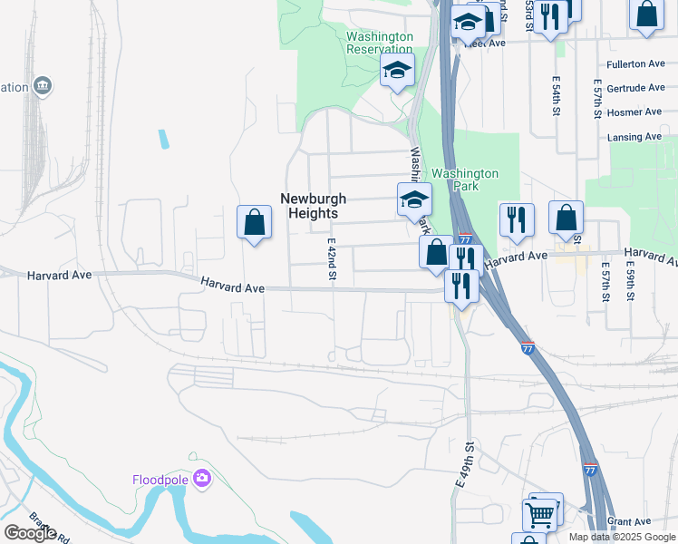 map of restaurants, bars, coffee shops, grocery stores, and more near 4065 East 42nd Street in Newburgh Heights