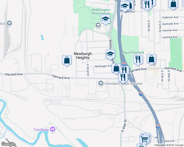 map of restaurants, bars, coffee shops, grocery stores, and more near 4060 East 44th Street in Newburgh Heights