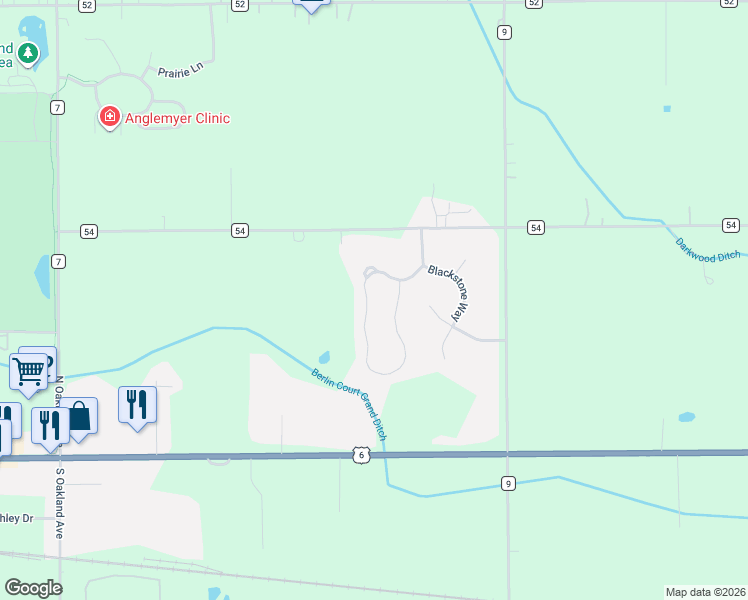 map of restaurants, bars, coffee shops, grocery stores, and more near 1027 Blackstone Boulevard in Nappanee
