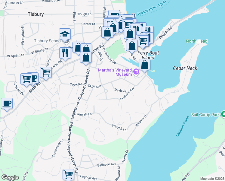 map of restaurants, bars, coffee shops, grocery stores, and more near 11 Davis Street in Tisbury