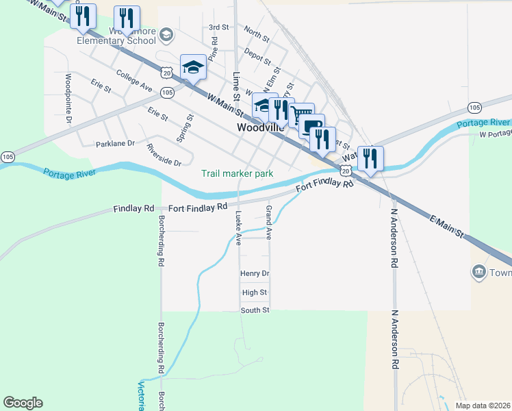 map of restaurants, bars, coffee shops, grocery stores, and more near 401-405 Fort Findlay Rd in Woodville