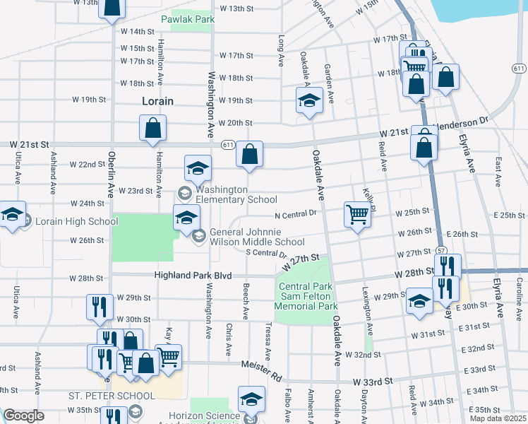 map of restaurants, bars, coffee shops, grocery stores, and more near 848 North Central Drive in Lorain