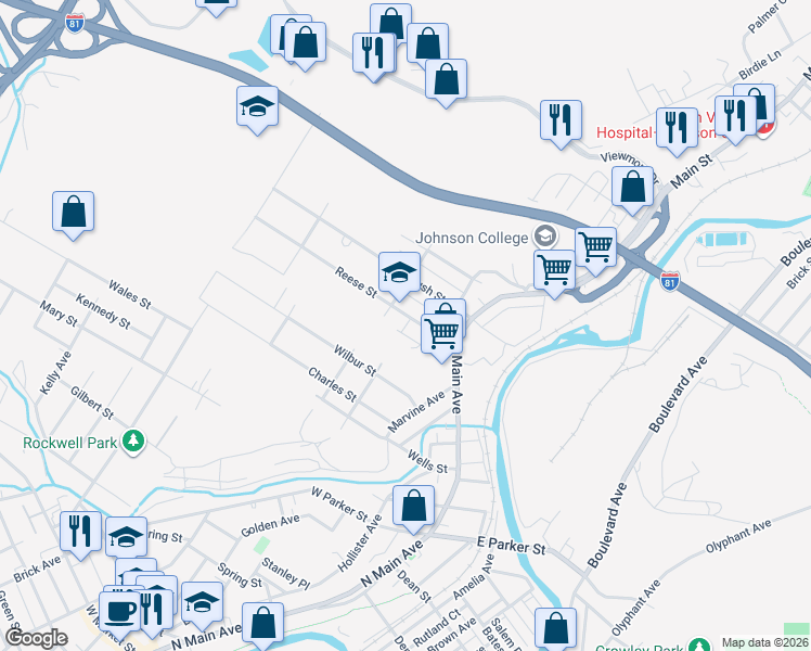 map of restaurants, bars, coffee shops, grocery stores, and more near 229 Reese Street in Scranton