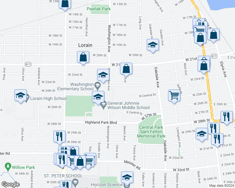 map of restaurants, bars, coffee shops, grocery stores, and more near 926 North Central Drive in Lorain