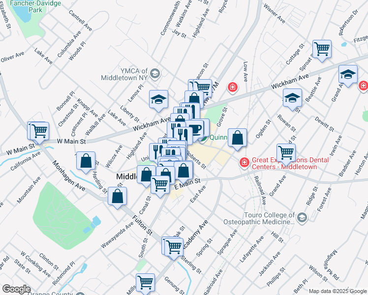 map of restaurants, bars, coffee shops, grocery stores, and more near 8 John Street in Middletown