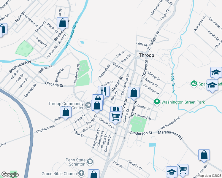map of restaurants, bars, coffee shops, grocery stores, and more near 531 George Street in Throop
