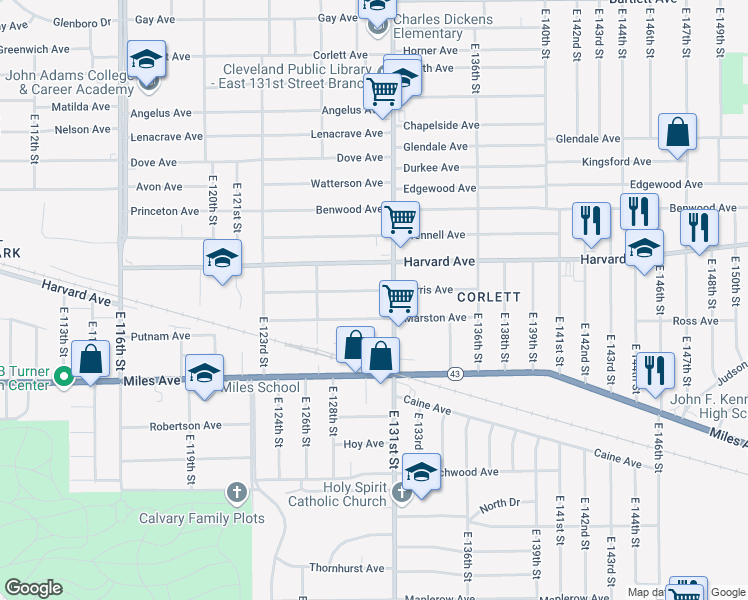 map of restaurants, bars, coffee shops, grocery stores, and more near 12908 Ferris Avenue in Cleveland
