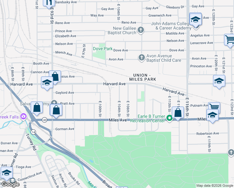 map of restaurants, bars, coffee shops, grocery stores, and more near 4079 Miles Avenue in Cleveland