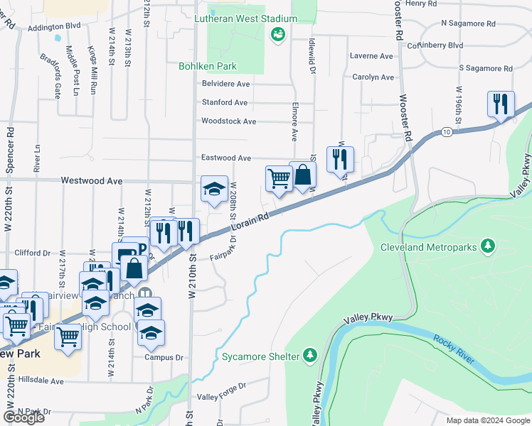 map of restaurants, bars, coffee shops, grocery stores, and more near in Fairview Park