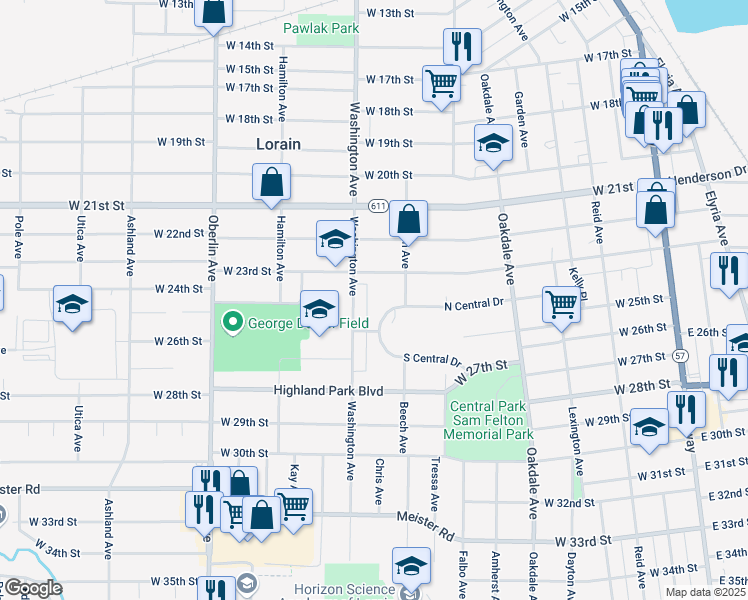 map of restaurants, bars, coffee shops, grocery stores, and more near 2307 Washington Avenue in Lorain