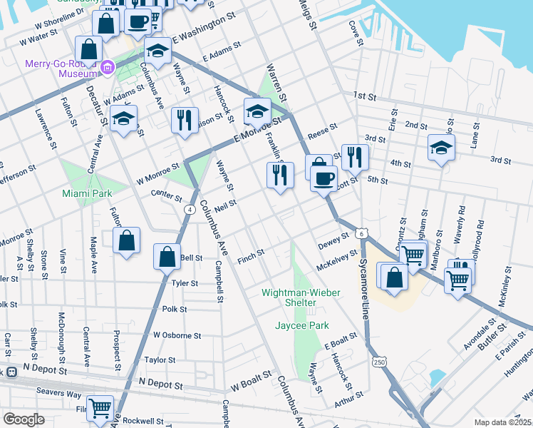 map of restaurants, bars, coffee shops, grocery stores, and more near 217a Scott Street in Sandusky