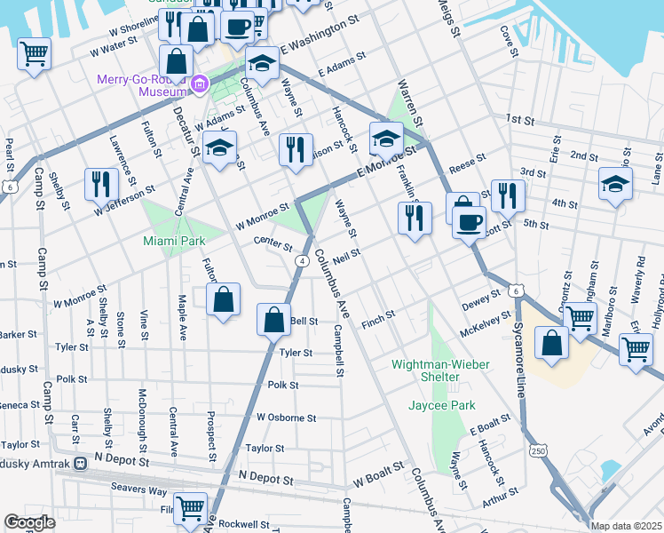 map of restaurants, bars, coffee shops, grocery stores, and more near 915 Columbus Avenue in Sandusky