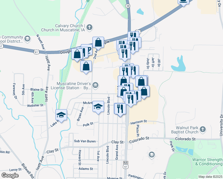 map of restaurants, bars, coffee shops, grocery stores, and more near 2213-2299 Grand Avenue in Muscatine