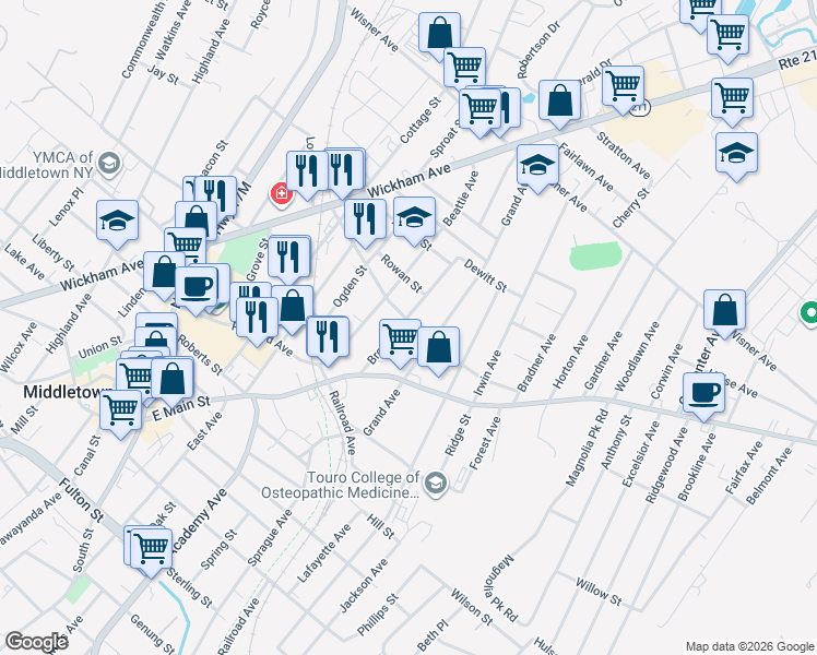 map of restaurants, bars, coffee shops, grocery stores, and more near 27 Broad Street in Middletown
