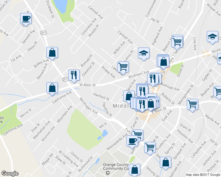 map of restaurants, bars, coffee shops, grocery stores, and more near 120 West Main Street in Middletown
