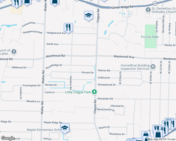 map of restaurants, bars, coffee shops, grocery stores, and more near 23820 Vincent Drive in North Olmsted