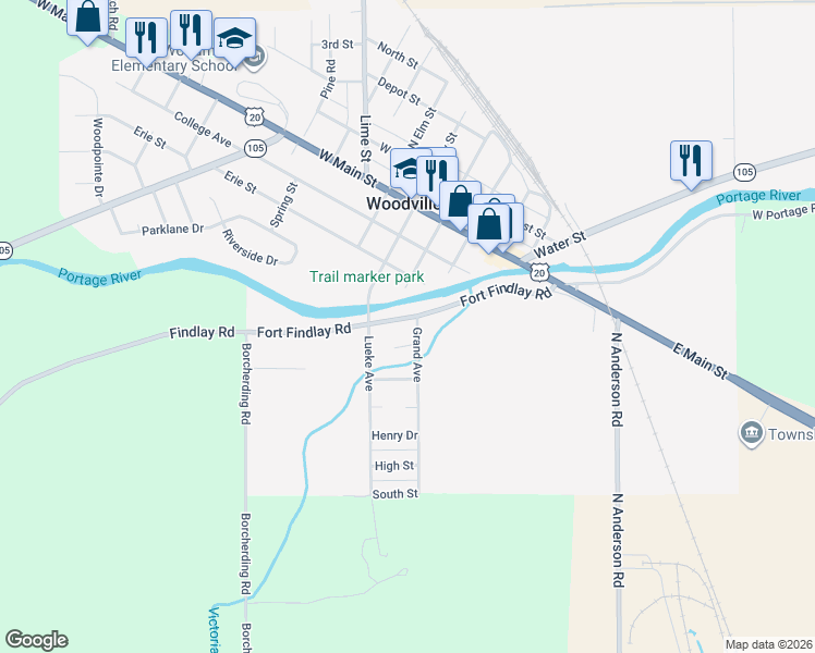 map of restaurants, bars, coffee shops, grocery stores, and more near 405 Fort Findlay Rd in Woodville