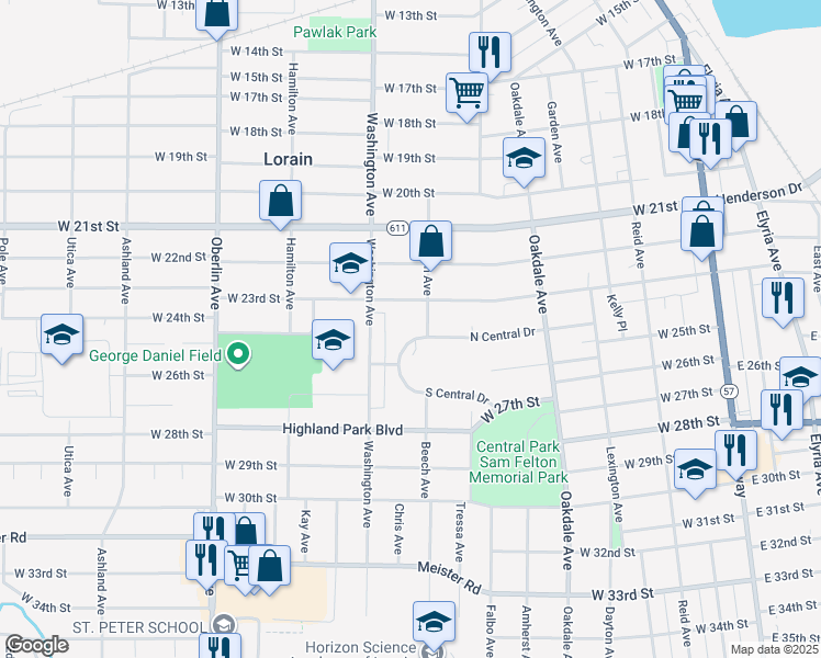 map of restaurants, bars, coffee shops, grocery stores, and more near 906 North Central Drive in Lorain