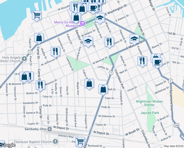 map of restaurants, bars, coffee shops, grocery stores, and more near 817 Decatur Street in Sandusky