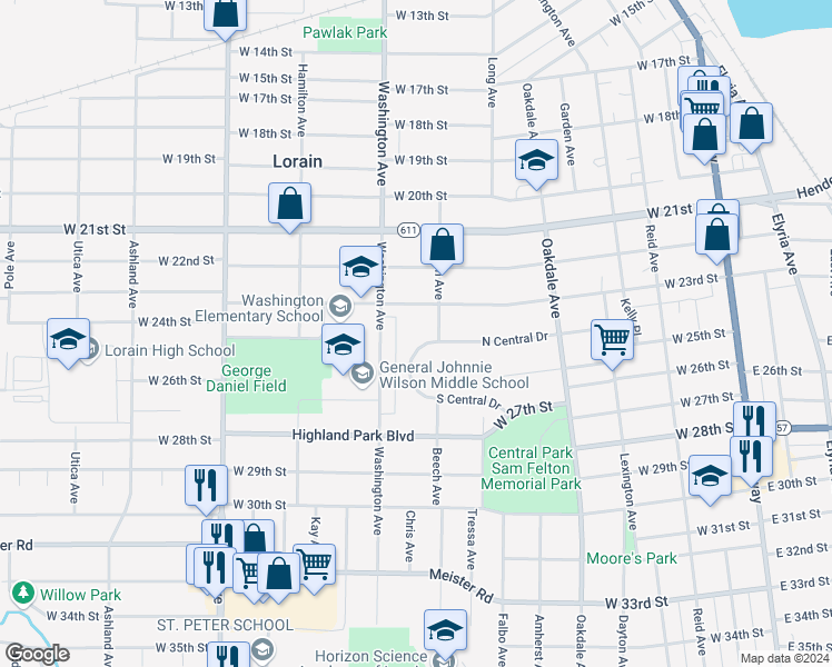 map of restaurants, bars, coffee shops, grocery stores, and more near 916 North Central Drive in Lorain