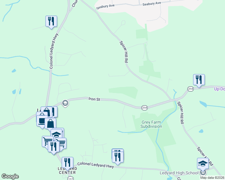 map of restaurants, bars, coffee shops, grocery stores, and more near 65 Iron Street in Ledyard