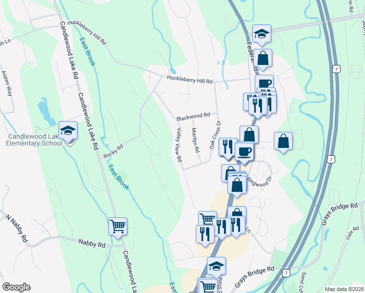 map of restaurants, bars, coffee shops, grocery stores, and more near 5 Valley View Road in Brookfield