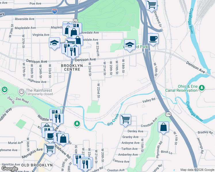 map of restaurants, bars, coffee shops, grocery stores, and more near 2015 Pixley Court in Cleveland