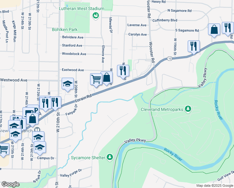 map of restaurants, bars, coffee shops, grocery stores, and more near 20363 Lorain Road in Cleveland