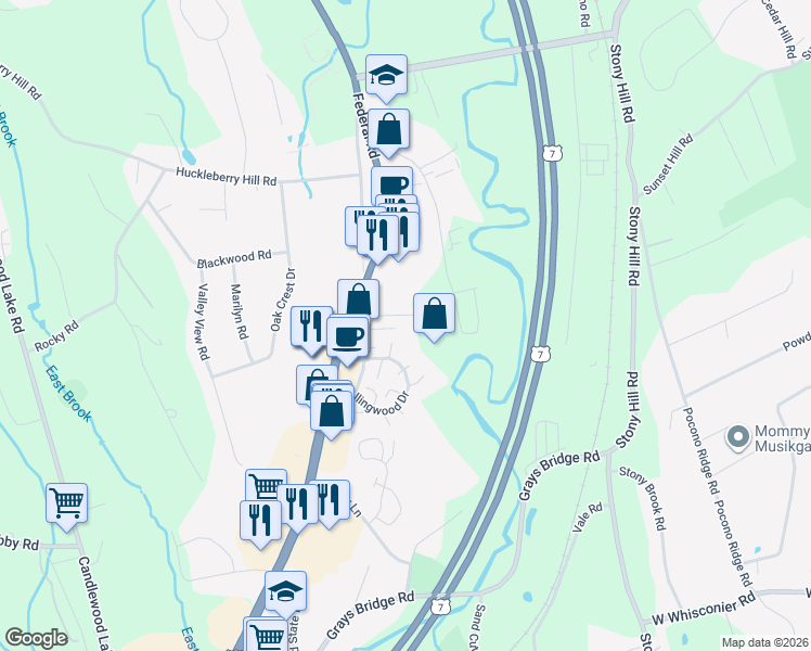 map of restaurants, bars, coffee shops, grocery stores, and more near 11 Tara Drive in Brookfield
